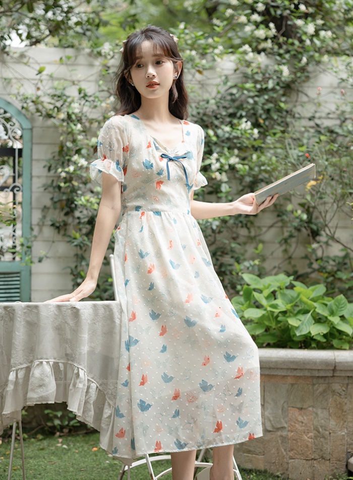 Sweet slim summer printing art floral retro fresh dress