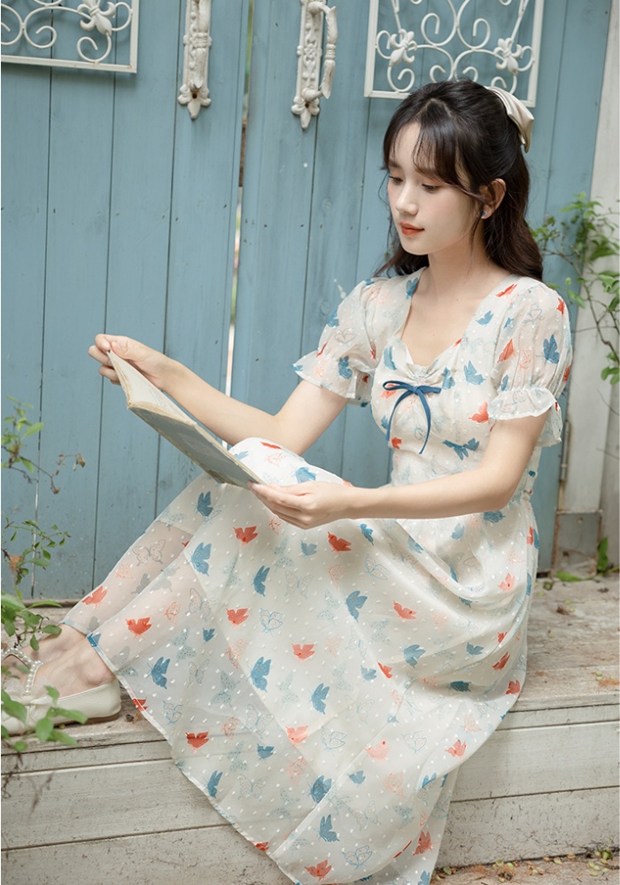 Sweet slim summer printing art floral retro fresh dress