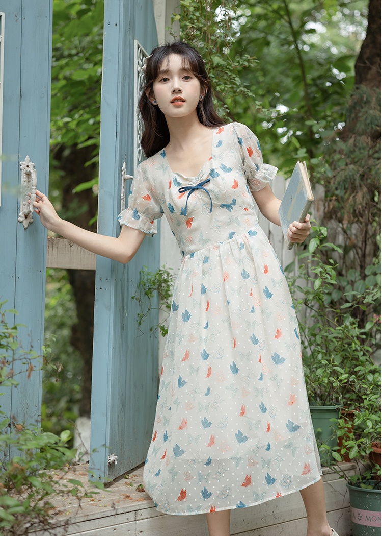 Sweet slim summer printing art floral retro fresh dress