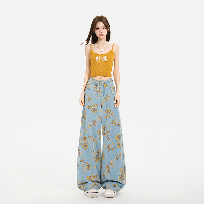 Printing loose pants summer wide leg pants for women