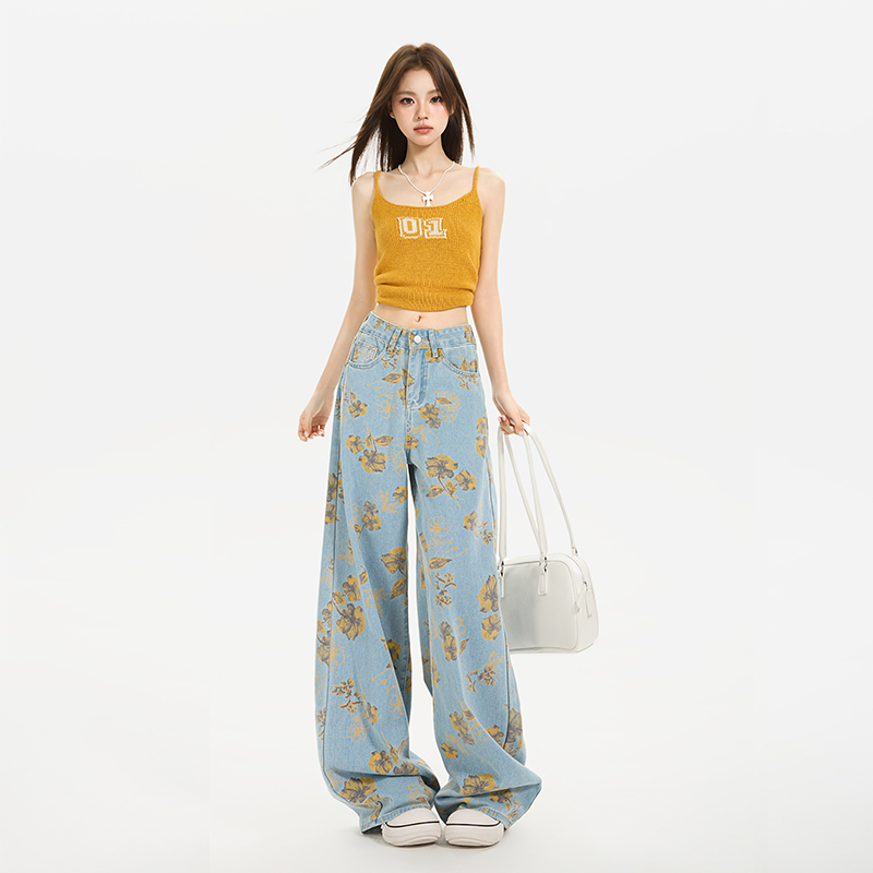 Printing loose pants summer wide leg pants for women