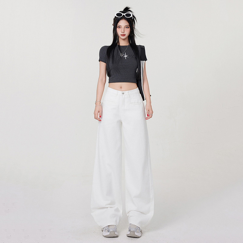 White personality slim pants drape pocket loose jeans for women