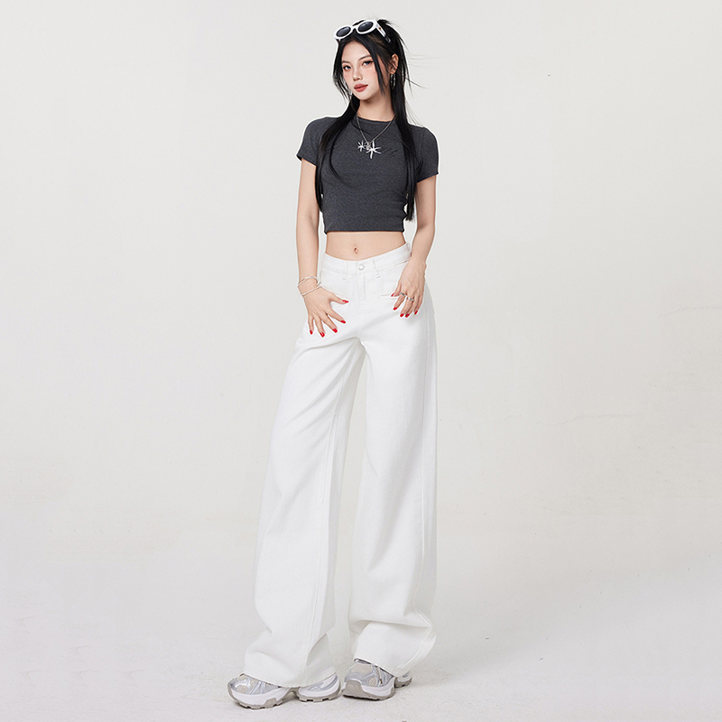 White personality slim pants drape pocket loose jeans for women