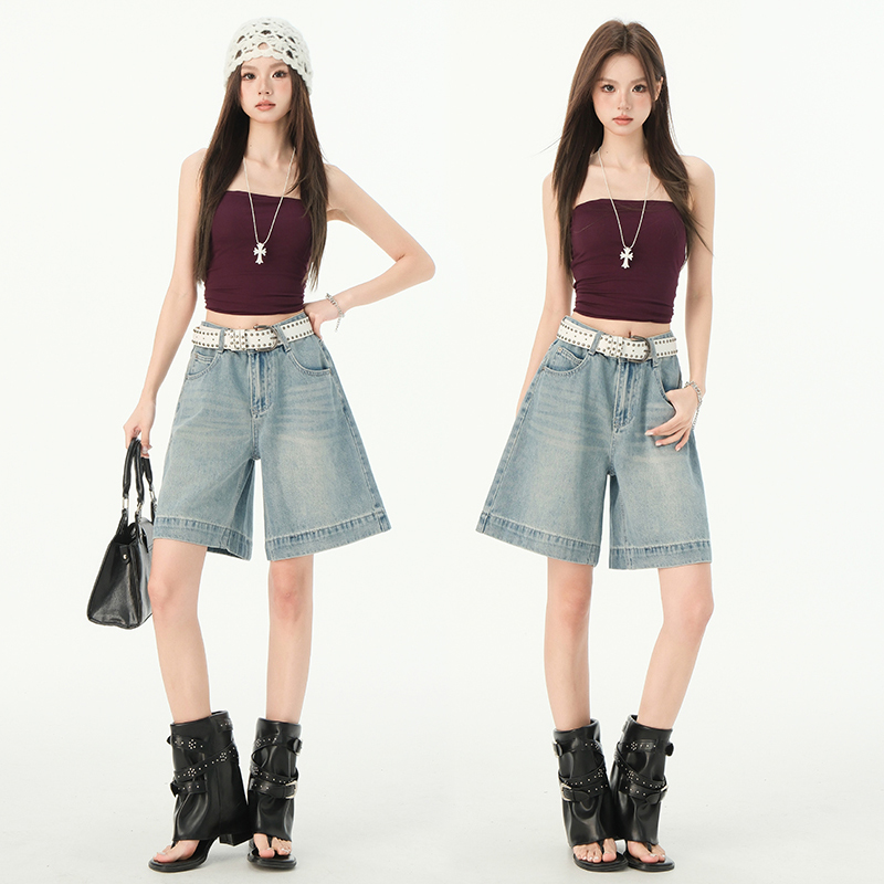 Loose straight shorts wide leg high waist five pants for women