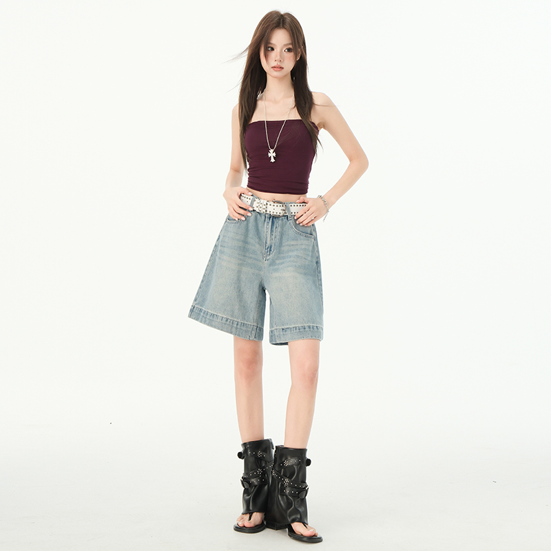 Loose straight shorts wide leg high waist five pants for women