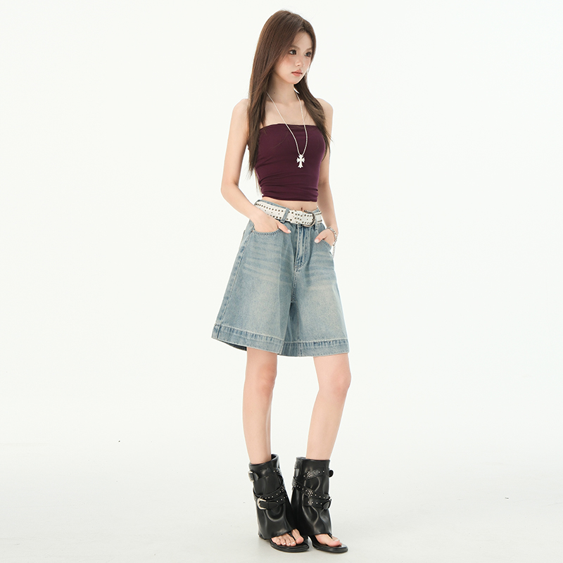 Loose straight shorts wide leg high waist five pants for women