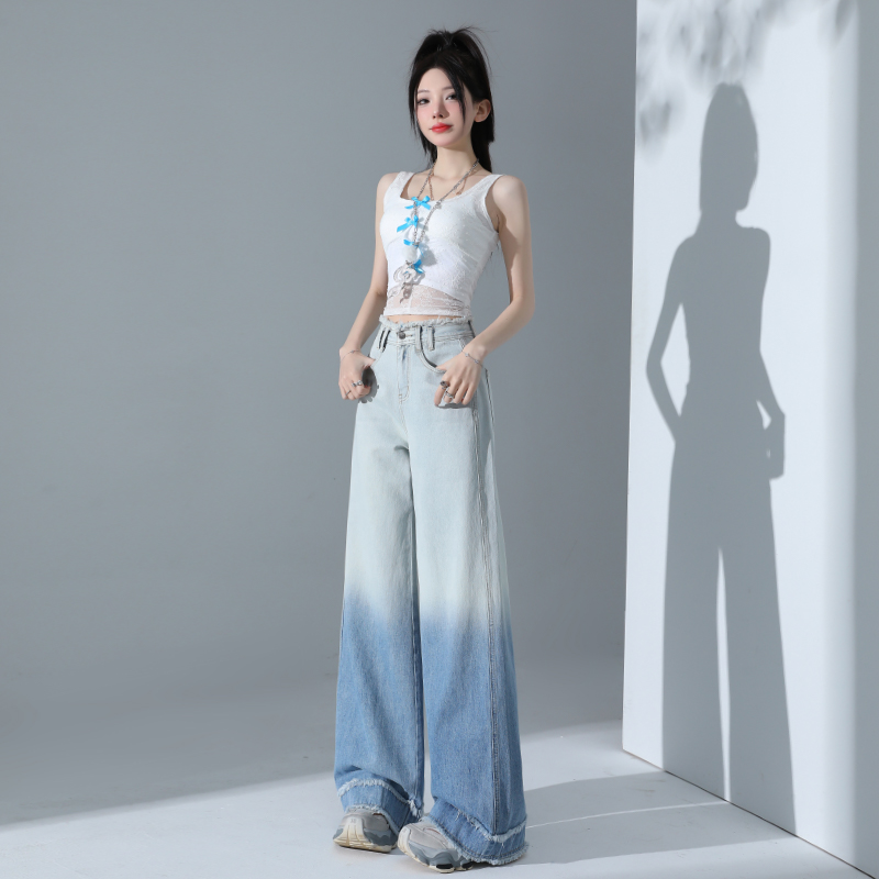 Light-blue summer jeans high waist gradient pants for women