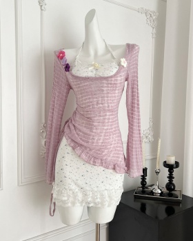 Embroidered flowers dress stereoscopic smock 2pcs set