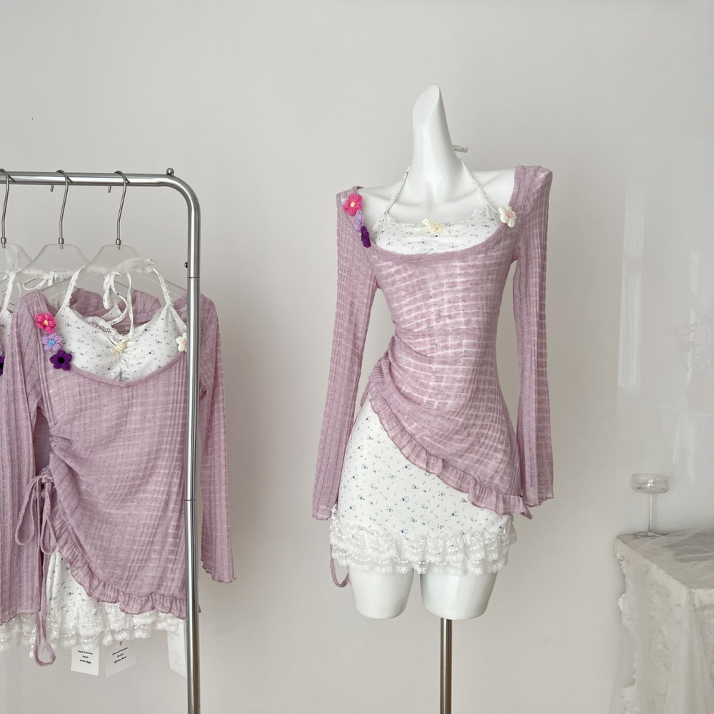 Embroidered flowers dress stereoscopic smock 2pcs set