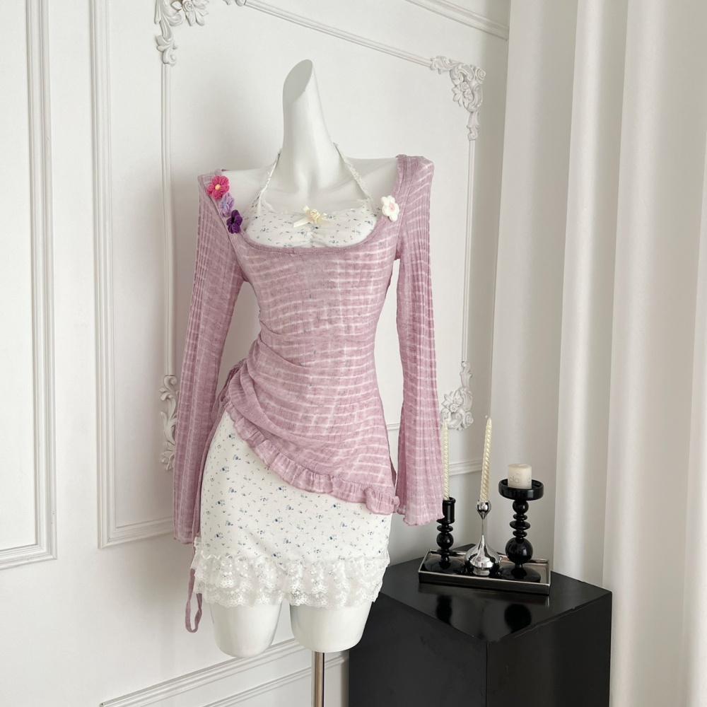 Embroidered flowers dress stereoscopic smock 2pcs set