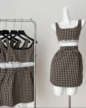 Plaid lace summer square collar splice bow dress for women