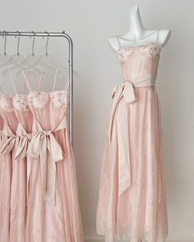 Butterfly sling cherry dress pink embroidery long dress