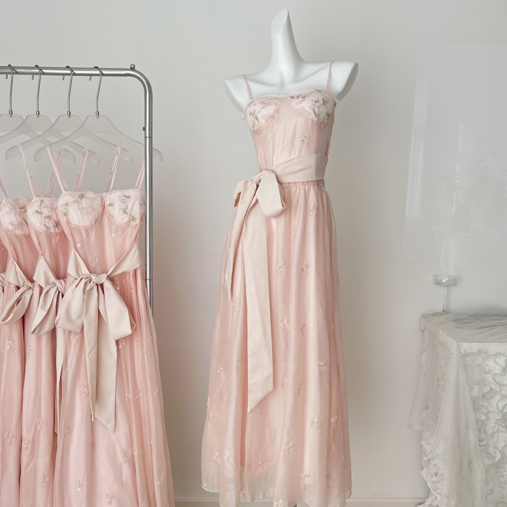 Butterfly sling cherry dress pink embroidery long dress