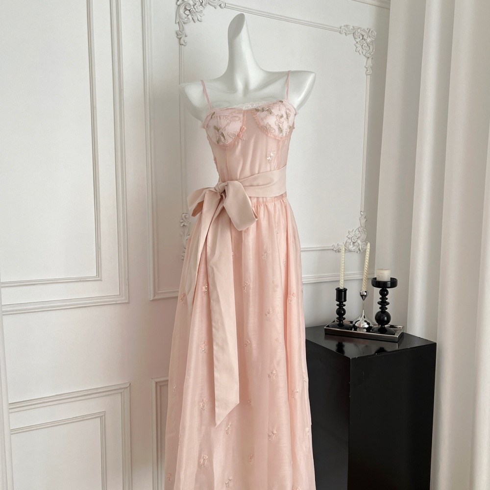Butterfly sling cherry dress pink embroidery long dress
