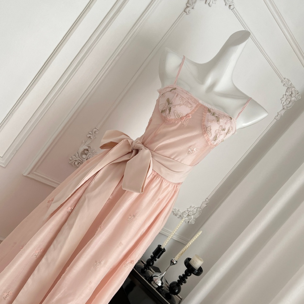 Butterfly sling cherry dress pink embroidery long dress
