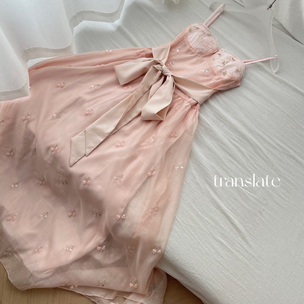 Butterfly sling cherry dress pink embroidery long dress