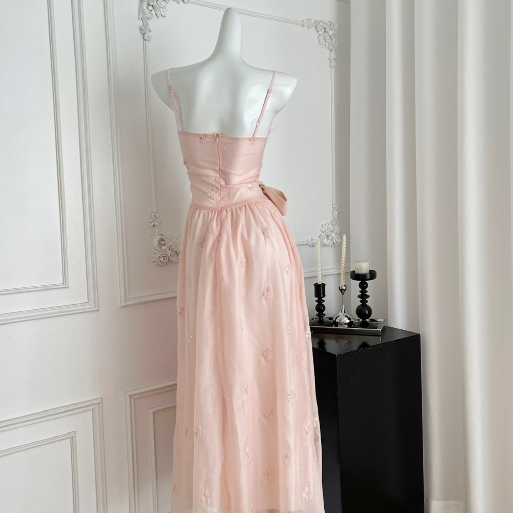 Butterfly sling cherry dress pink embroidery long dress