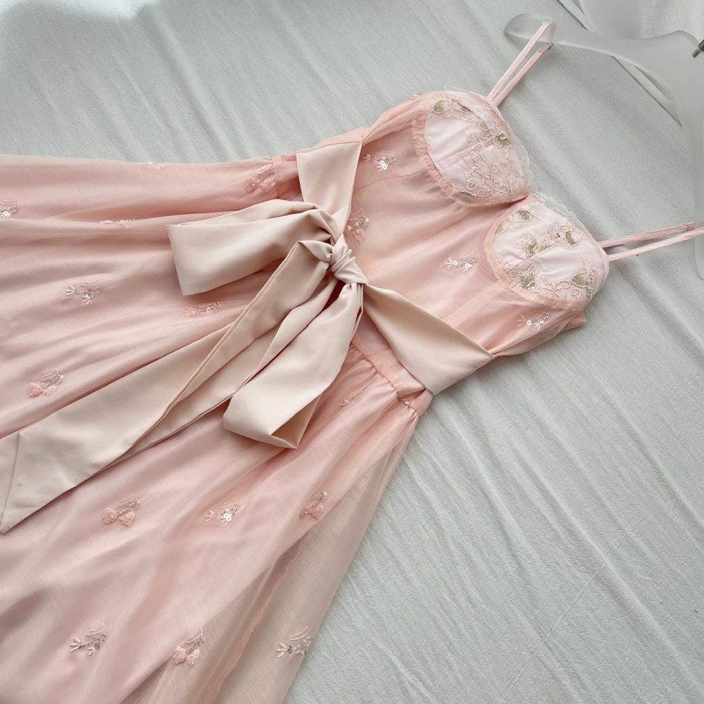 Butterfly sling cherry dress pink embroidery long dress