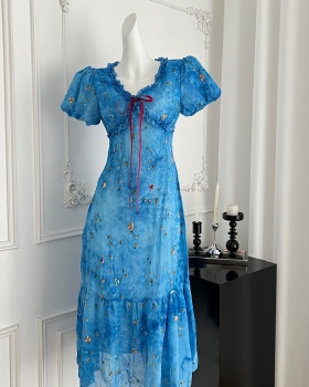 Floral slim dress V-neck summer long dress for women