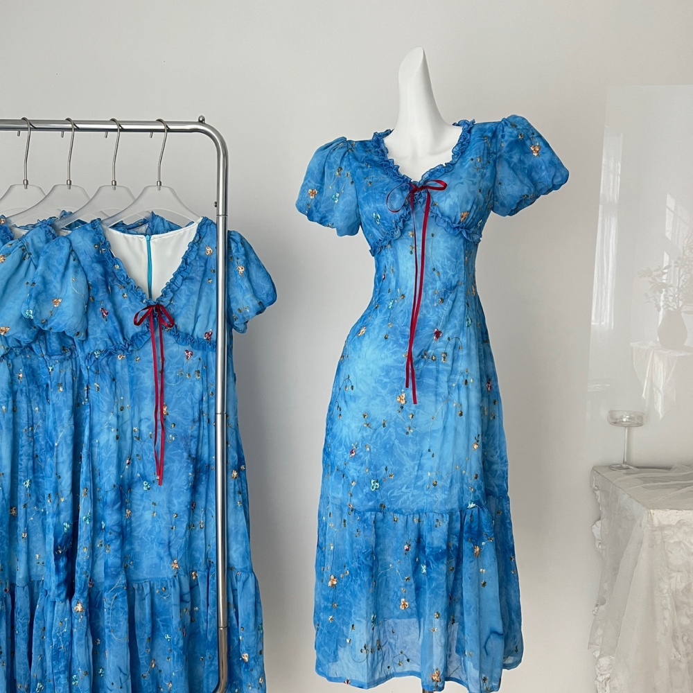 Floral slim dress V-neck summer long dress for women