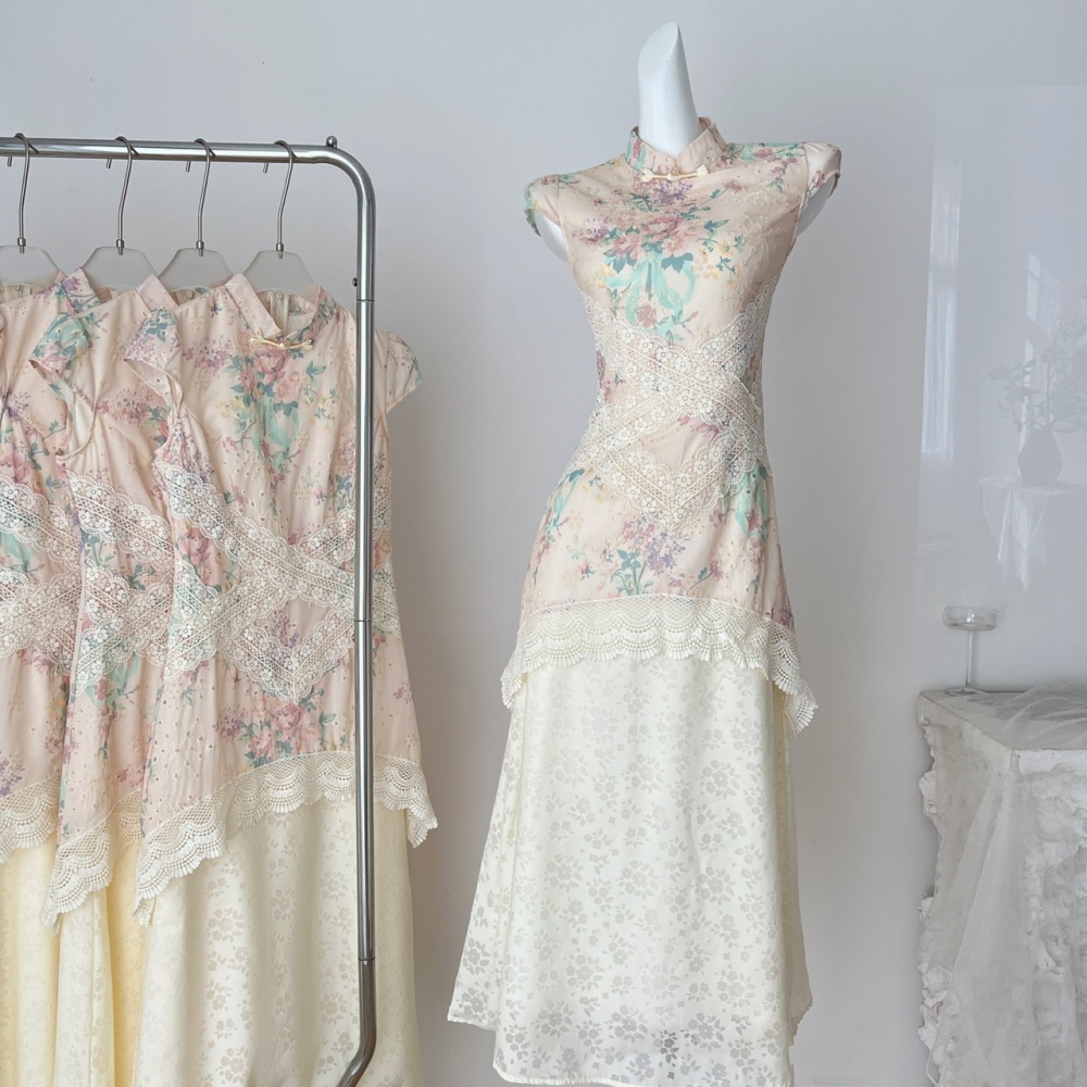 Hollow floral unique cheongsam summer lace dress