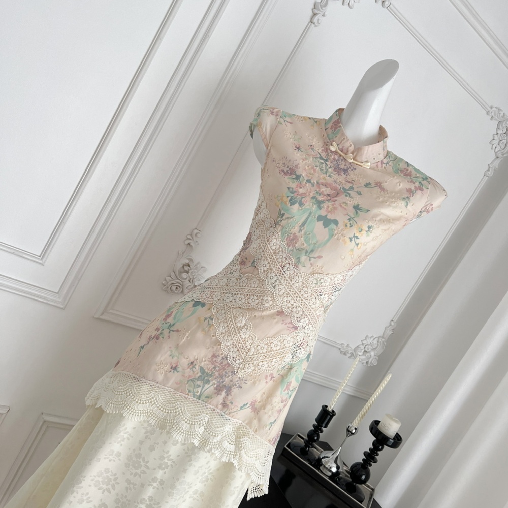Hollow floral unique cheongsam summer lace dress