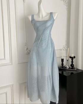 Seaside France style blue dress sling summer long dress