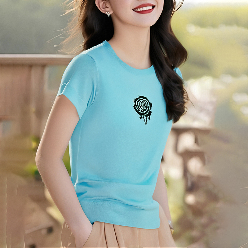 Summer ice silk knitted niche colors short sleeve T-shirt