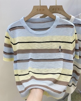 Mixed colors niche stripe ice silk sweater for women
