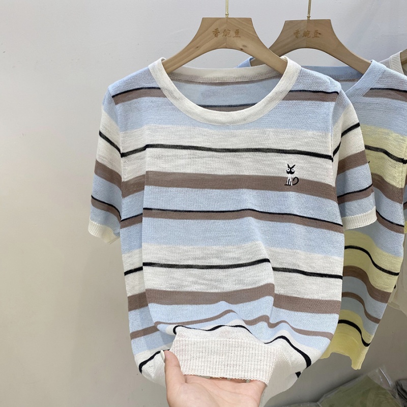 Mixed colors niche stripe ice silk sweater for women