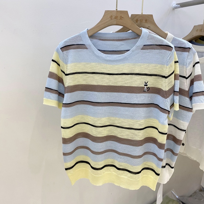 Mixed colors niche stripe ice silk sweater for women