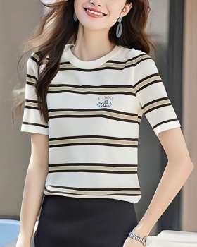 Stripe round neck tops knitted summer T-shirt