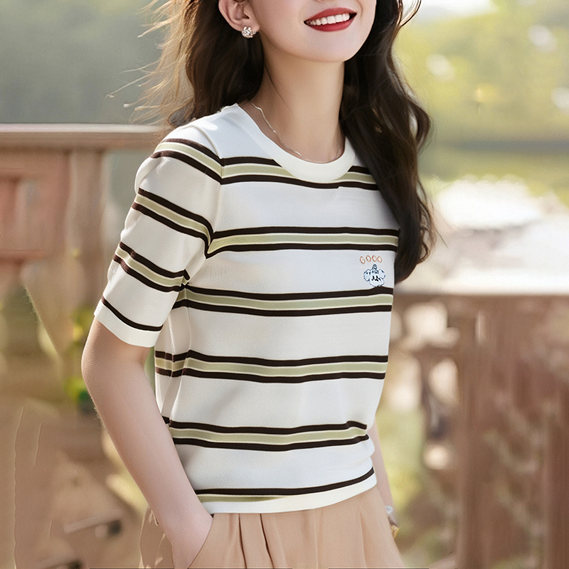 Stripe round neck tops knitted summer T-shirt