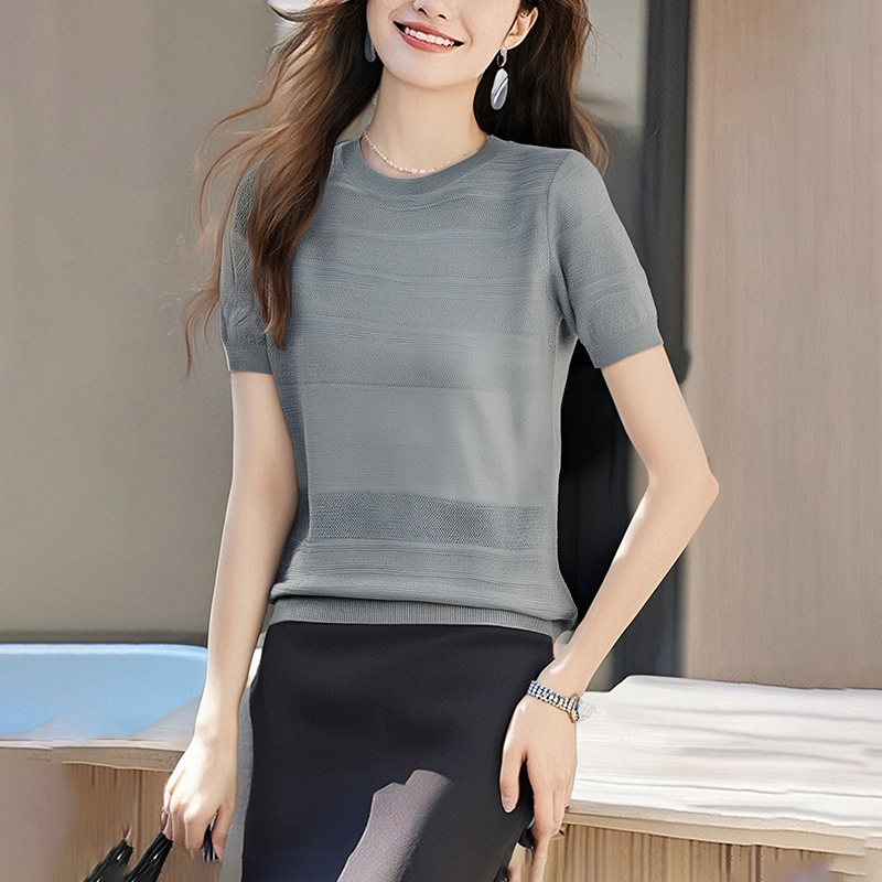 Jacquard knitted summer T-shirt temperament retro tops