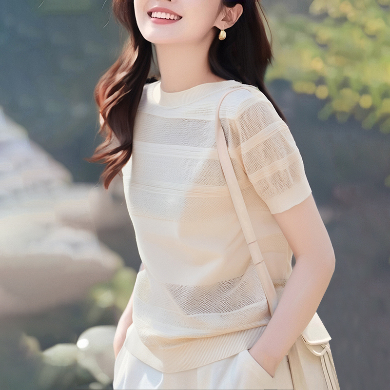 Jacquard knitted summer T-shirt temperament retro tops