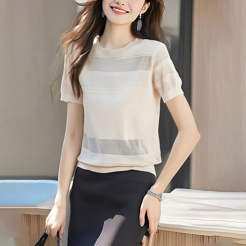 Jacquard knitted summer T-shirt temperament retro tops