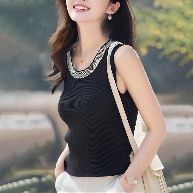 U-neck knitted sling tops rhinestone summer vest