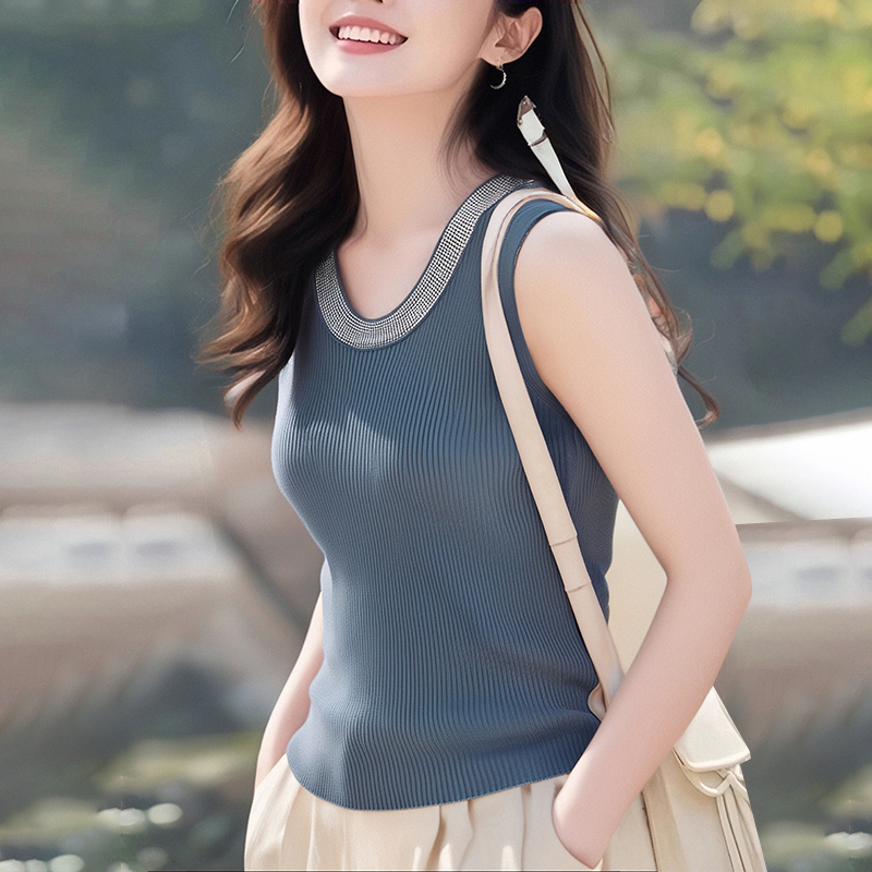 U-neck knitted sling tops rhinestone summer vest