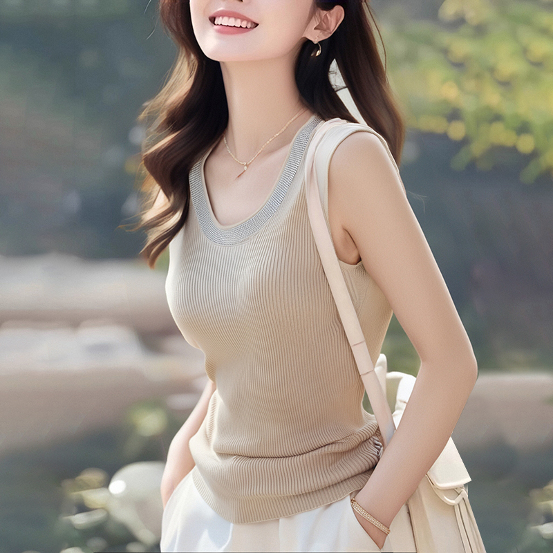 U-neck knitted sling tops rhinestone summer vest