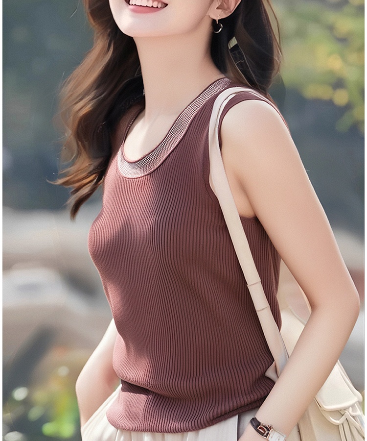 U-neck knitted sling tops rhinestone summer vest