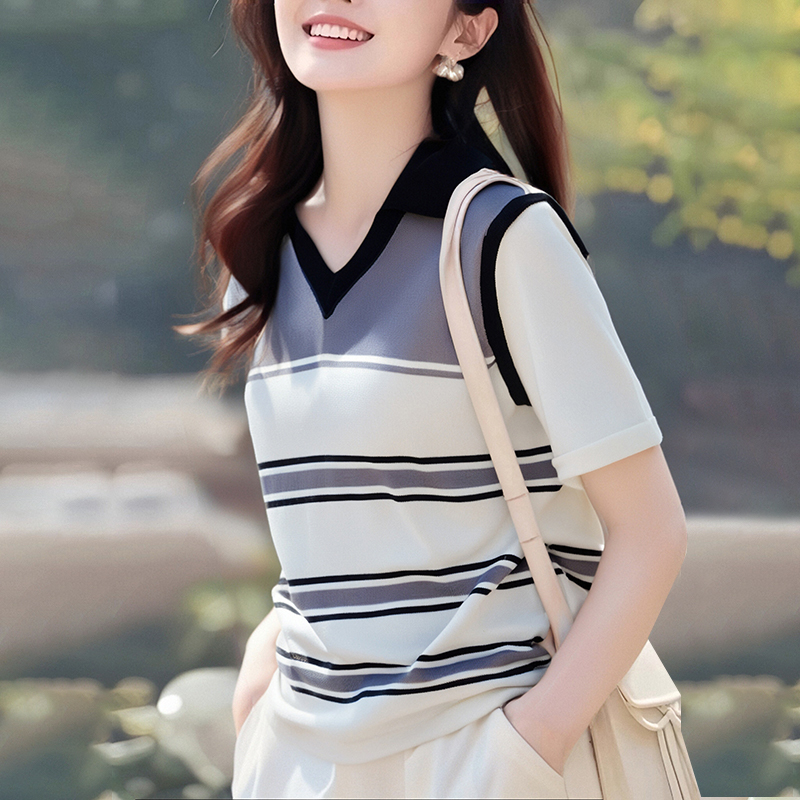 College style Pseudo-two T-shirt mixed colors stripe tops