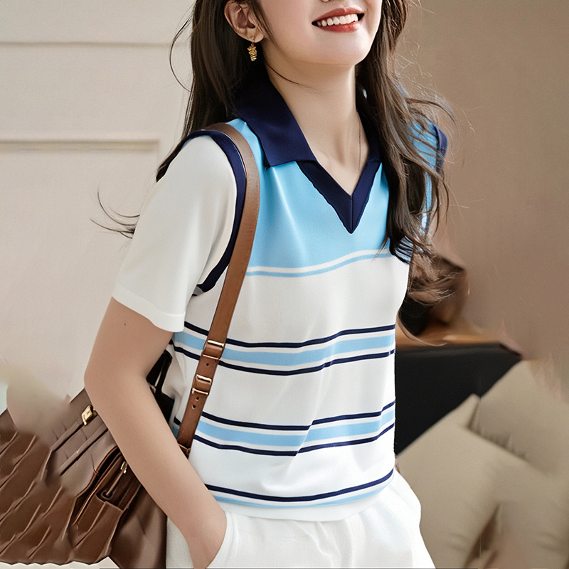 College style Pseudo-two T-shirt mixed colors stripe tops