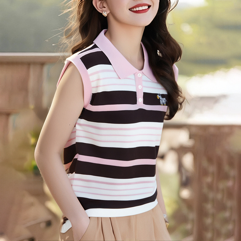 Pony lapel spring and summer stripe sweater