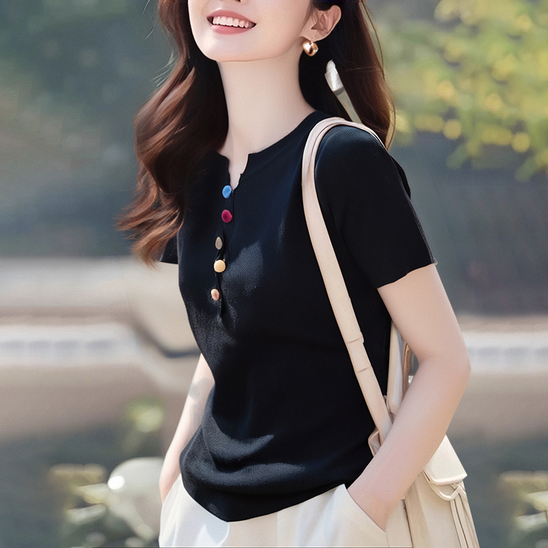 Knitted colors T-shirt summer buckle tops