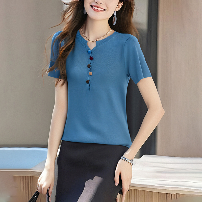 Knitted colors T-shirt summer buckle tops
