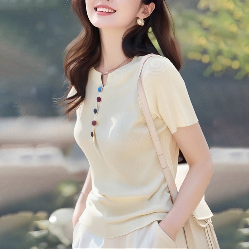 Knitted colors T-shirt summer buckle tops