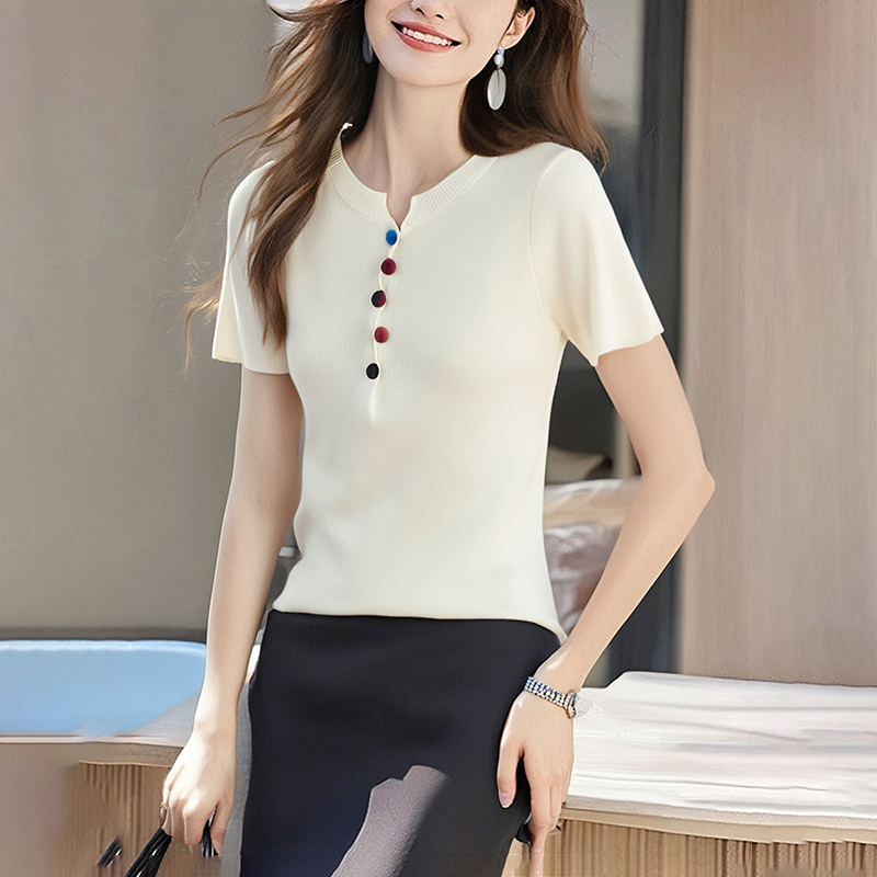 Knitted colors T-shirt summer buckle tops