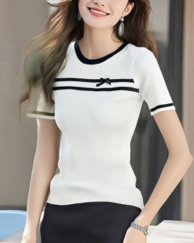 Mixed colors chanelstyle summer knitted bow T-shirt
