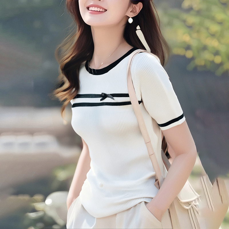 Mixed colors chanelstyle summer knitted bow T-shirt