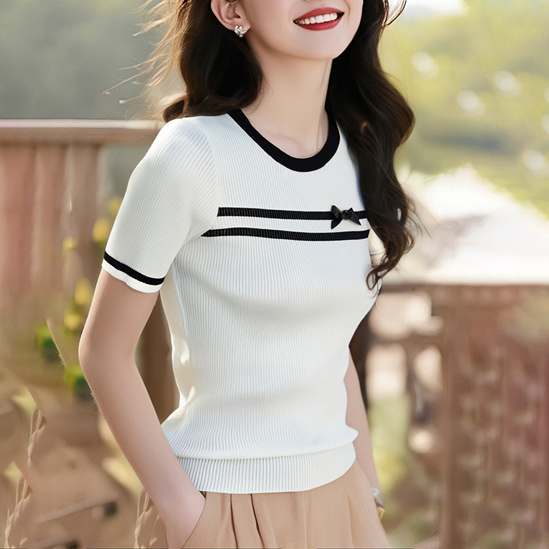 Mixed colors chanelstyle summer knitted bow T-shirt